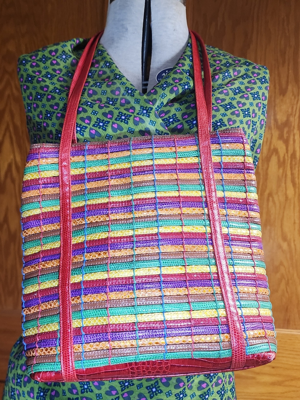 Sharif Multicolor Horizonal Stripe Tote with Red Handles